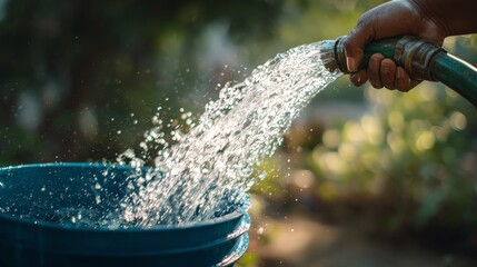 Watering plants with a garden hose in sunlight.