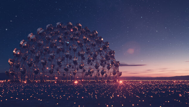 Surreal dome sculpture at dusk with glowing lights and starry sky, cinematic and tranquil