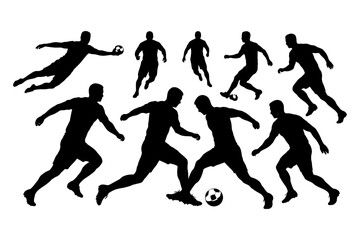Silhouettes of male soccer players in dynamic action poses with soccer balls.