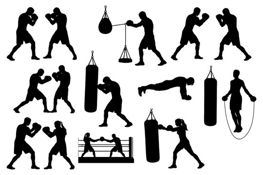 Silhouettes of boxers training: punching bags, jump ropes, and sparring.