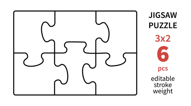 Cutting lines grid design for kids jigsaw puzzle. Jigsaw puzzle blank template. 6 pieces. Editable stroke weight. Vector illustration.