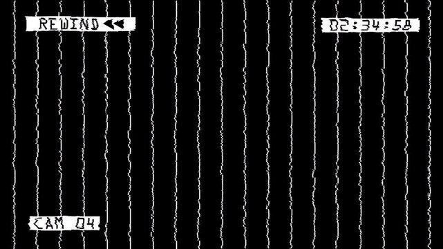Analog Security Footage Playback Featuring Rewind Indicator, Static Interference, and Timestamp Overlay
