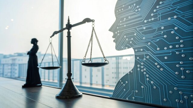 A symbolic image showing the balance of justice with a digital AI profile, representing law and technology integration.