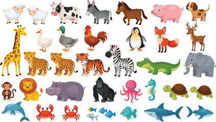 Large animals collection safari farm sea and zoo cartoon vector illustration isolated background © MDSelim