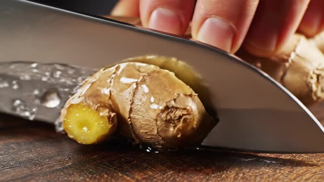 Close-up of fresh ginger root being sliced on a wooden cutting board with a sharp knife