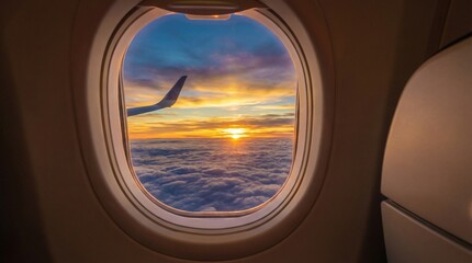 Fototapeta premium Sunrise visible through airplane window with fluffy clouds and a wing in the sky