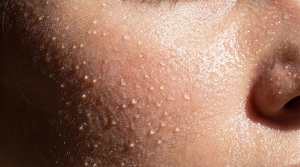 Fototapeta premium Close-up view of skin with water droplets highlighting texture and freshness. Bright setting focusing on facial details. Concept of skincare, beauty, wellness