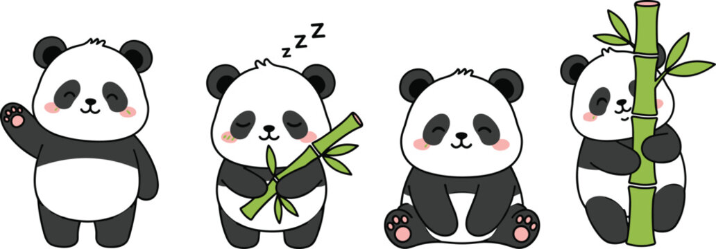 Cute panda cartoon collection with bamboo eating and sleeping vector illustration isolated background