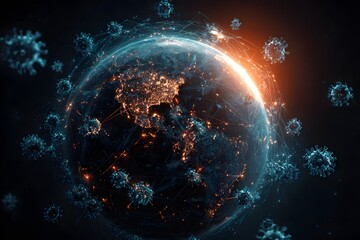 Obraz premium Global pandemic spread illustration showing viral particles surrounding planet earth with glowing connection network lines over north america representing health crisis and world transmission