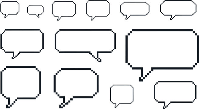 Set of Empty Pixel Speech Bubbles Vector Illustration, Retro 8 Bit Chat and Dialogue Boxes for Game Interface, Comic Design, Messaging Apps, and Digital Communication Graphics