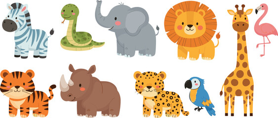 Cute safari animals cartoon set with jungle wildlife vector illustration isolated background © MDSelim