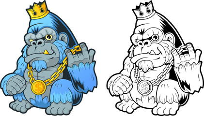 Fototapeta premium Cute king gorilla, funny coloring illustration