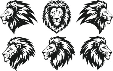 Set of stylized black and white lion head illustrations featuring majestic manes in profile and front views for powerful safari animal mascot logos © MdIbrahim
