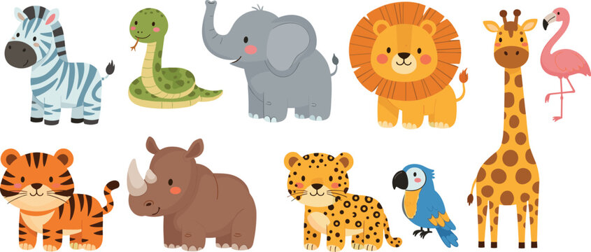 Cute safari animals cartoon set with jungle wildlife vector illustration isolated background