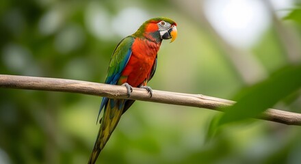 Obraz premium Vibrant red and green parrot perched on a branch in nature animal beauty