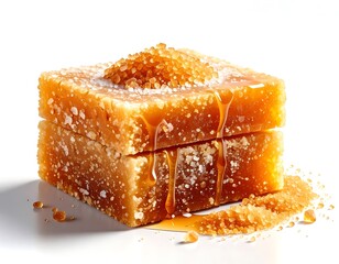 Two stacked, square caramel candies, drizzled with syrup and topped with salt crystals, on a white surface