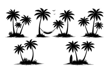 Tropical islands silhouette with palm trees, hammock, and surfboard.