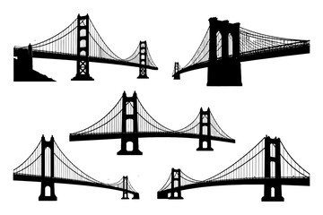 Obraz premium Silhouette collection of iconic suspension bridges.