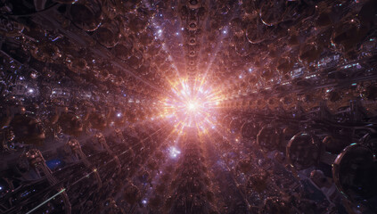 Fototapeta premium Surreal radiant starburst inside mirrored futuristic hall with glowing particles and depth