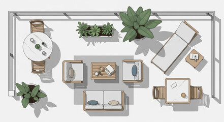 Fototapeta premium Outdoor patio furniture arrangement with tables, chairs, and plants, top view.