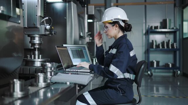 Engineer in hard hat and gloves operates laptop beside robotic arm; digital dashboard shows real-time metrics; factory floor with steel shelves and tool racks. Used for human-machine interface demos.