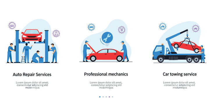 Auto repair and towing service concept with professional mechanics vector illustration isolated background