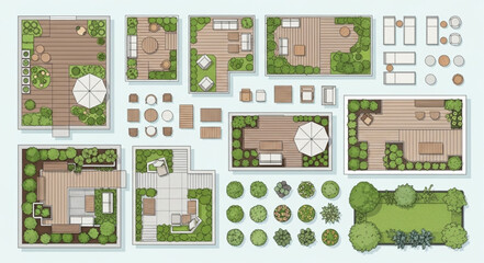 Top-down view of various garden and patio design layouts. © Toknah