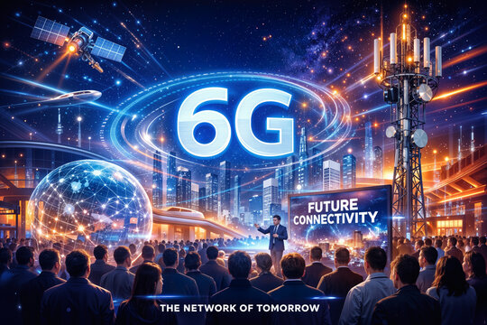 MWC Barcelona March 2-5 2026 6G future connectivity network infrastructure keynote at Mobile World Congress MWC 2026 exhibition technology summit cityscape satellite tower