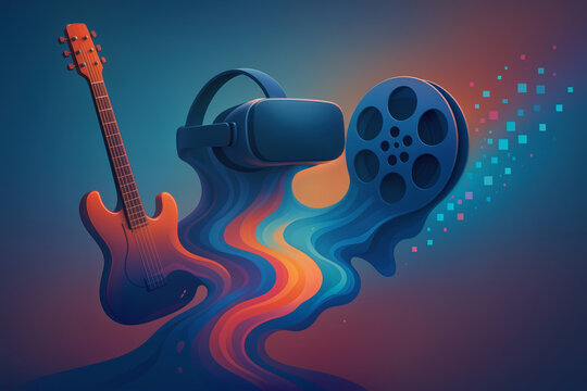 SXSW 2026 convergence illustration electric guitar VR headset film reel melting into digital liquid stream pixels light multimedia innovation creative technology Austin festival