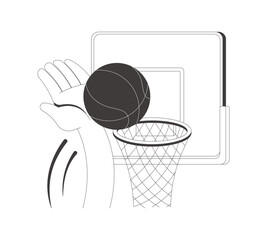 Slam dunk funky groovy flash message success line illustration. Basketball scoring shot. Athletic victory. Goal reached. Done UI state. Mobile web design. Black white vector concept. Micro UX scene © IMGvisualsCharacters