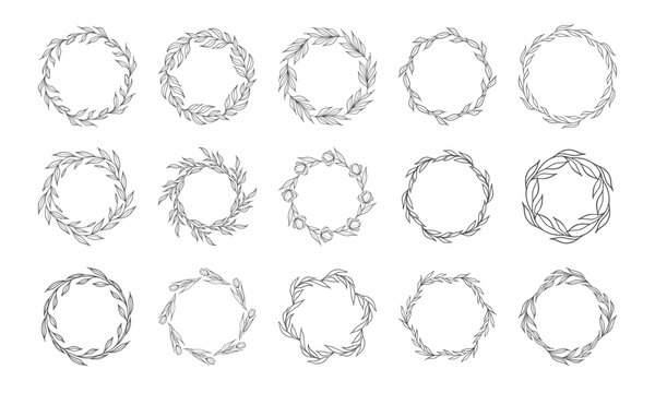 Set of 15 minimalist black line art floral wreaths. Isolated vector botanical frames for wedding invitations, logos, and branding.