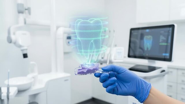 Dental technology scan with 3d bioprinting of teeth implants in medicine lab showing advanced dental care oral health restoration and precise treatment innovation using digital tools