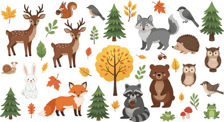 Cute forest animals collection with autumn leaves woodland vector illustration isolated background © MDSelim
