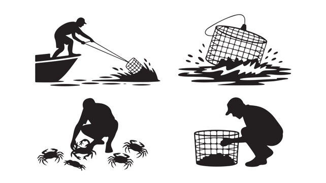 Vector Illustration Of Silhouette Fishermen Catching Crabs And Fish With Nets And Baskets