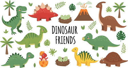 Cute dinosaur friends collection with prehistoric animals vector illustration isolated background © KP Studio