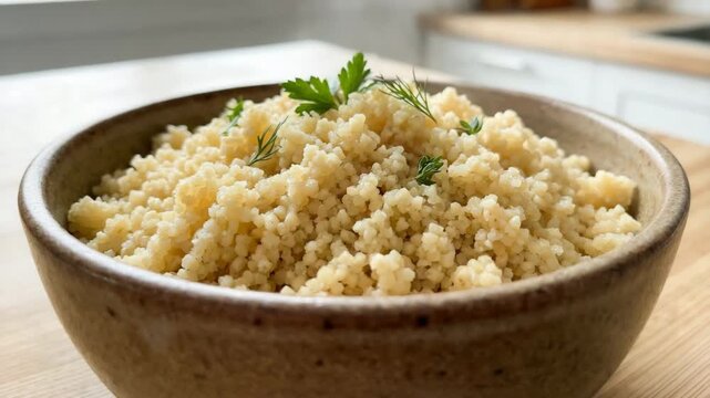 cooked couscous grains isolated in rustic bowl zoom out video