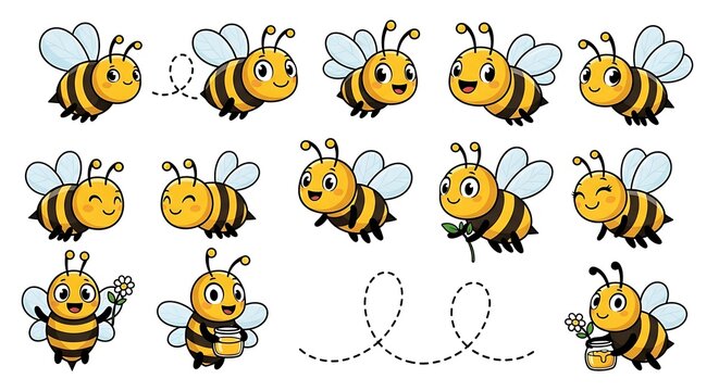 Cute Cartoon Bees Collection with Different Poses and Expressions