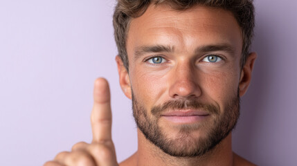 Fototapeta premium Young Man Pointing Upward with Confident Aspirational Expression