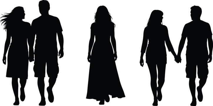 Set of black silhouettes featuring young couples holding hands and walking together alongside a lone woman in a long dress for lifestyle and relationship concepts