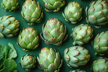 Fototapeta premium Elegant Flatlay of French Artichokes with Warm Pastel Green Backdrop
