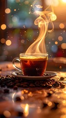 Steaming coffee in glass mug on table surrounded by beans, bokeh lights background with warm, inviting glow