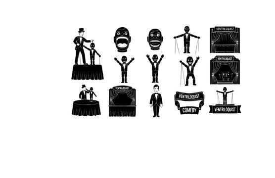 Puppet Ventriloquist Vector Set - Black Silhouette Illustrations, Stage Performance Graphics, Ventriloquist Dummy , Comedy Act Design Elements