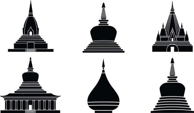 Set of black silhouettes featuring traditional Buddhist pagodas and stupas with intricate spires and tiered bases for religious architecture and Asian travel concepts