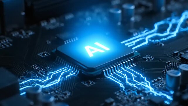 AI Chip Processing Data on Circuit Board Close-Up, Technology Innovation, Digital Environment, Macro View in Science and Industry
