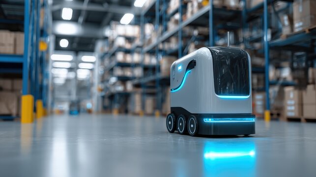 Autonomous delivery robot navigating through a modern warehouse with shelves full of cardboard boxes and industrial equipment