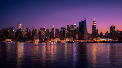 Fototapeta premium Manhattan Waterfront Panorama During Blue Hour with Illuminated Skyscrapers