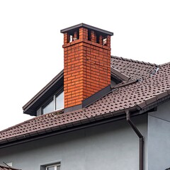 Roof with a brick chimney rising above the brown shingles, with gray siding and white background