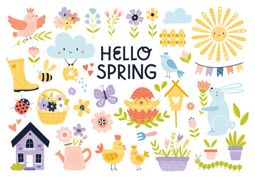 Children's hand-drawn spring collection featuring birds, flowers, insects, and gardening elements. Cute flat vector illustration in soft pastel colors for nursery decor isolated on white.