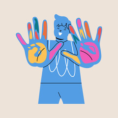 Fototapeta premium Boy showing his palms colored with paint. Colorful vector illustration