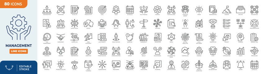Naklejka na ściany i meble Management icon set. Containing management, teamwork, administration, strategy, leadership, business, planning, employee, and more. Outline icons collection. Editable stroke. Vector illustration